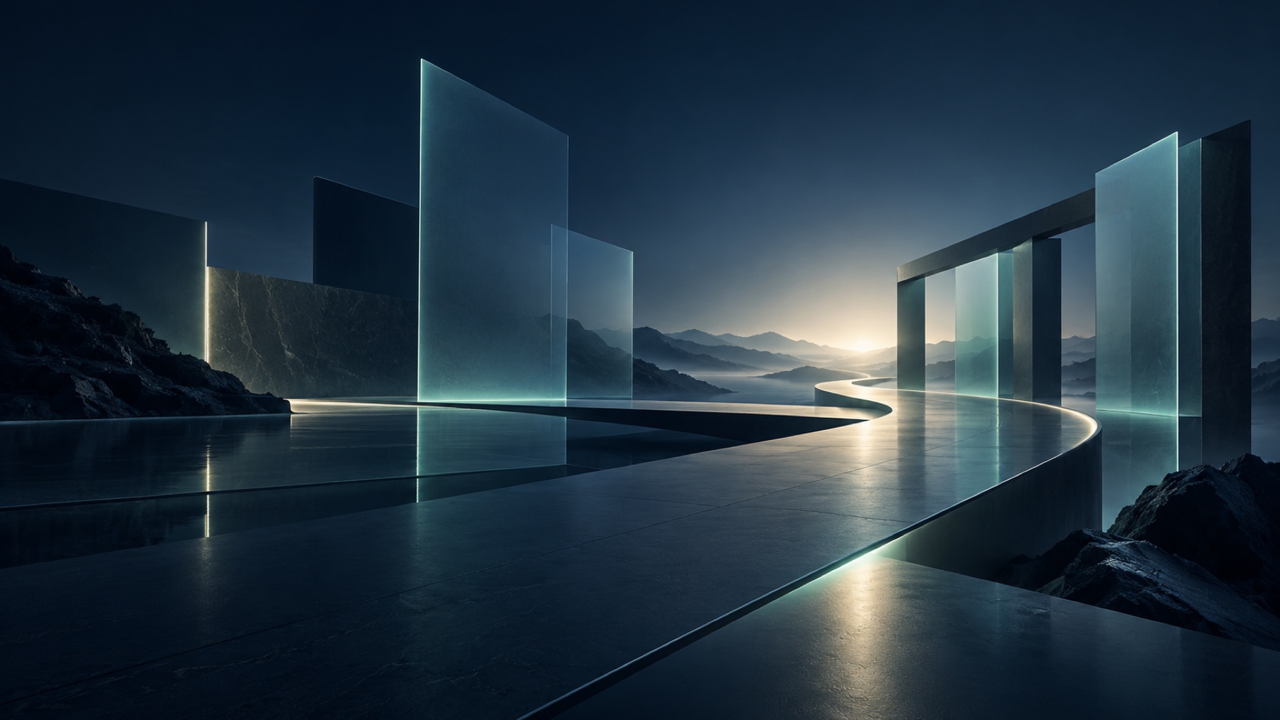 A luminous path moving through translucent architectural forms toward the horizon