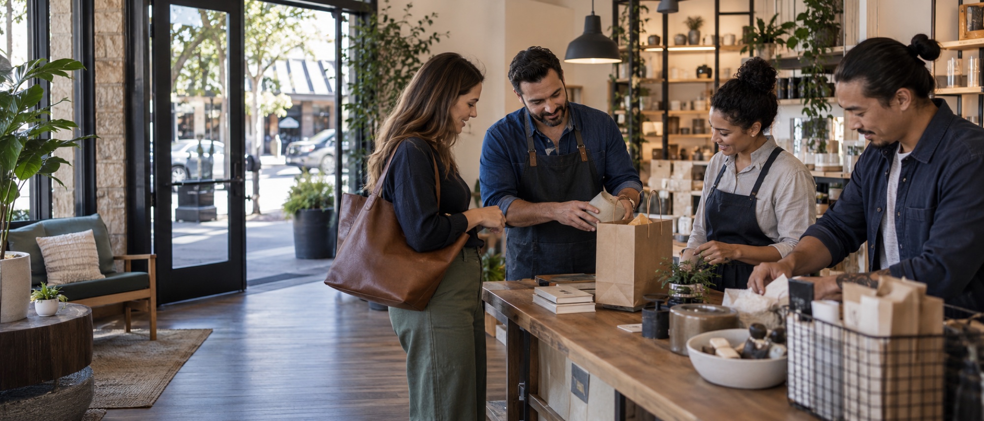 A local business owner and team helping a customer in a neighborhood storefront